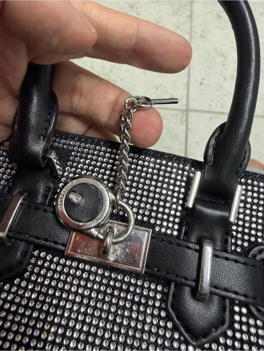 Michael Kors Black Satchel with Silver Crystal Embellishment Casual Party